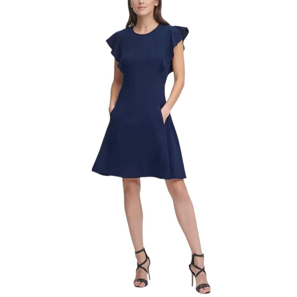 NWT DKNY Navy Blue Knee Length Ruffle Sleeve Formal Fit & Flare Dress Size 12